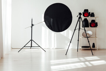 Photo studio equipment accessories photographer flashes on white background