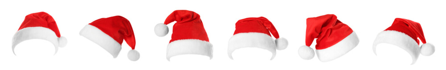 Obraz na płótnie Canvas Red Santa Claus hat isolated on white, set