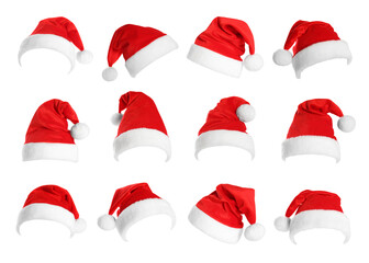 Red Santa Claus hat isolated on white, set - obrazy, fototapety, plakaty