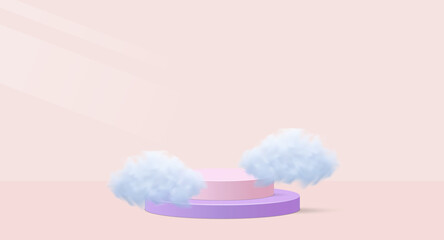 Valentine background vector 3d pink rendering with podium and cloud. Realistic room scene. Stage mockup cosmetic on pink color. Vector illustration concept