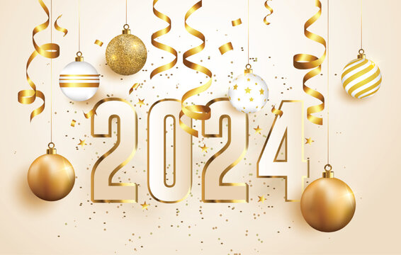 Vector design celebration Happy new year 2024 golden text over confetti with golden balls