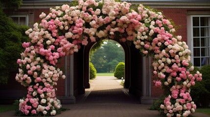 A beautiful arch decorated with fresh rose flowers can be seen from the front.