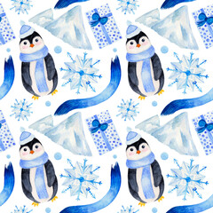 Watercolor pattern, penguin with knitted hat and scarf, snowflake, gift on white background. For various products etc.