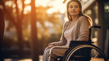 Young woman with a physical disability in a wheelchair at sunset in a beautiful park during the golden hour. Social challenges of adaptation and integration for handicaped people to have independence