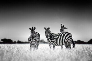 Black and white wildlife photography theme: a group of zebras on the savannah, eye contact, art...