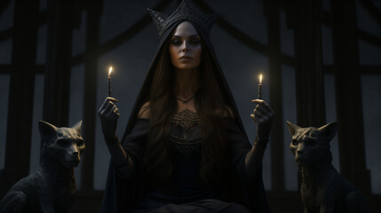 Dark beautiful goddess Hecate with a veil and black dress, holding two candles, alongside two dogs or sphynx cats on either side. Dark incantation for a magical ritual in the night