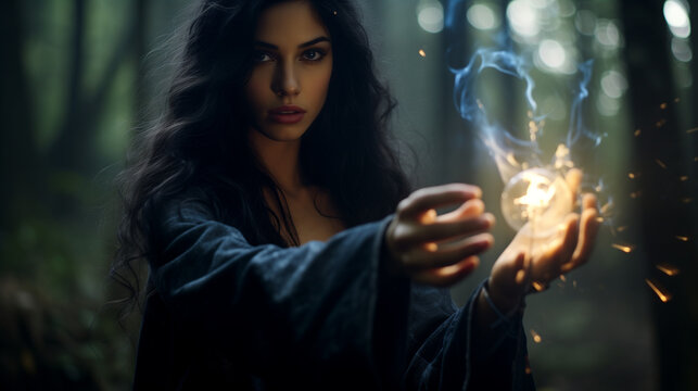 young wizzard woman making a magic ball of light, fine and energy from her hands in a dark forest. Mystical female enchantress with a haunting and dreamlike atmosphere.
