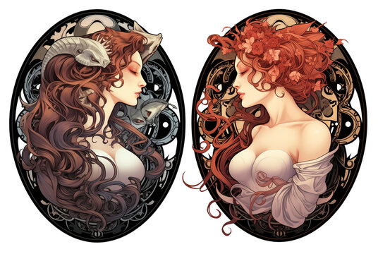 Illustration of the characters of Eve and Lilith with horns in the Bible, in profile, in an elegant Art Nouveau style within a circle on a white background. Icons of divinity, mythology, and legends