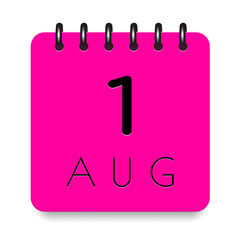 1 day of the month. August. Pink calendar daily icon. Black letters. Date day week Sunday, Monday, Tuesday, Wednesday, Thursday, Friday, Saturday. Cut paper. White background. Vector illustration.