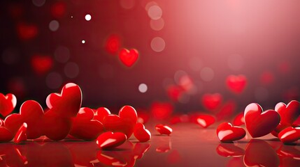  a bunch of red hearts floating in the air on a table in front of a red background with boke of light.