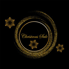 Festive banner for Christmas sale, frame in the form of a circle of gold fine dust and gold snowflakes on a black background.