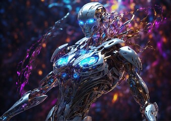 In a captivating light painting composite photograph, a visually striking humanoid robot emerges from a swirling vortex of neon energy. The image showcases intricate metallic features gleaming