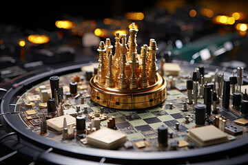 A golden crown sitting on top of a chess board