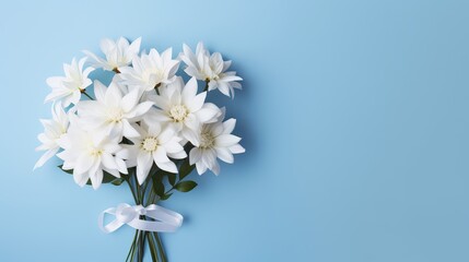 A packet of artificial white flowers with a blue background.