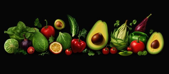  a group of fruits and vegetables are arranged in a row on a black background, including an avocado.