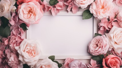 A photo frame made of pink and white paper that features flowers