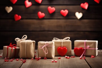  a group of wrapped presents sitting on top of a wooden table next to a string of red and white hearts.