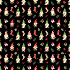 Christmas seamless pattern with gnomes,gift boxes,Christmas socks.