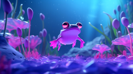 Cute frog is swimming underwater. Beautiful nature in the lake. Fantasy background in blue purple colors