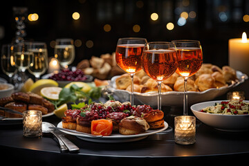 A table topped with plates of food and glasses of wine