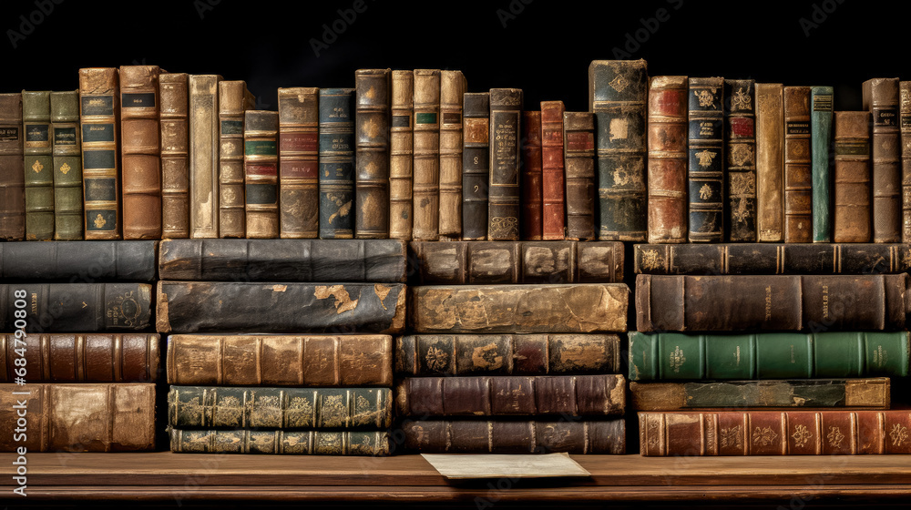 Poster old bookshelf with old books in a library. toned.