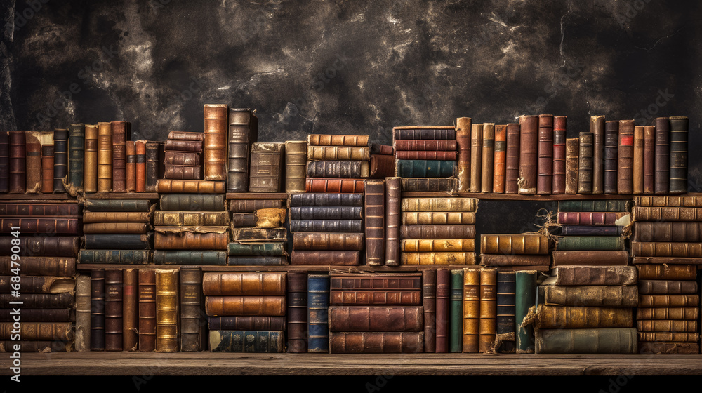 Poster old bookshelf with old books in a library. toned.