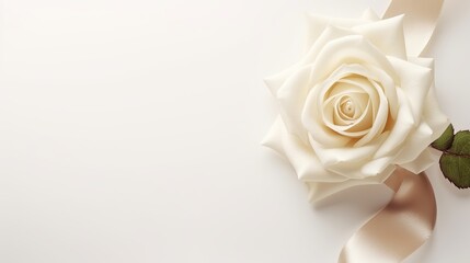 A view from above showing a white rose and ribbons against a plain background.