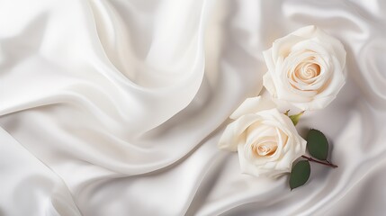 Obraz premium A view from above showing a white rose and ribbons against a plain background.