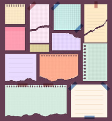 Vector paper sheets torn set. Different sheets with cells, lines and dots with round and square punch holes and sticky tape. Bullet journal paper. To do list sticky notes - obrazy, fototapety, plakaty