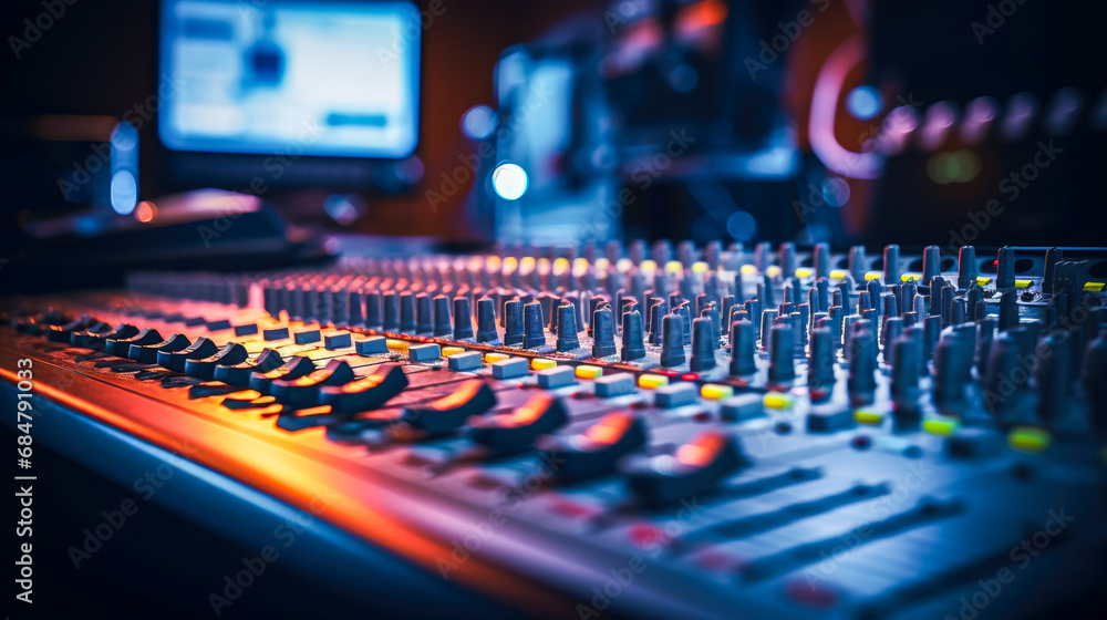 Poster audio mixing console in the recording studio. selective focus. shallow depth of field
