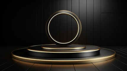 Abstract black and gold arrange stage platform, for publicizing item show, 3d rendering