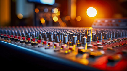 Audio mixing console in the recording studio. Selective focus. Shallow depth of field