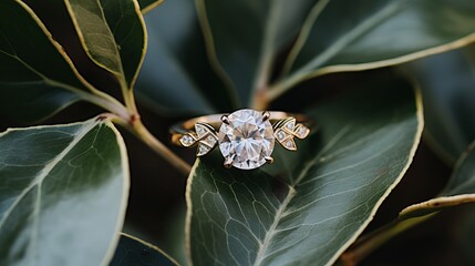 An arrangement of engagement rings with branches on a flat surface.