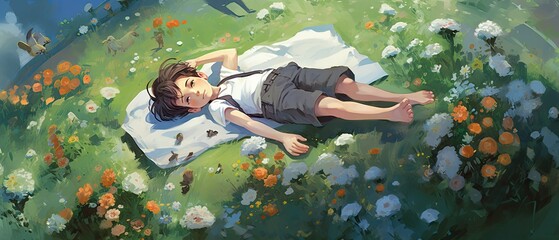 Boy sleeping in a beautiful graveyard with white little flowers in green grass, top view from drone...