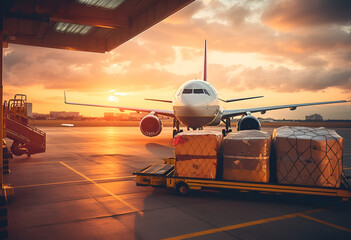 Airplane loading luggage and cargo in airport