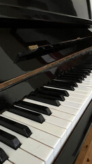 Close up view of a keyboard of a pld piano	