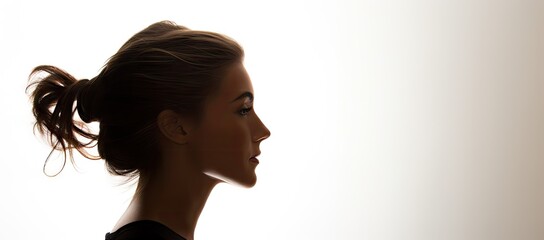  a close up of a woman's face with a bun in her hair and a ponytail in her hair.