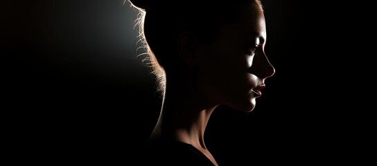  a woman's profile in the dark with her hair pulled back and her face slightly turned to the side. - obrazy, fototapety, plakaty