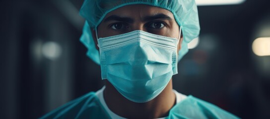 a close up of a person wearing a surgical mask and looking at the camera with a serious look on his face.