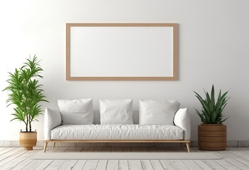 Blank wooden picture frame mock-up on wall