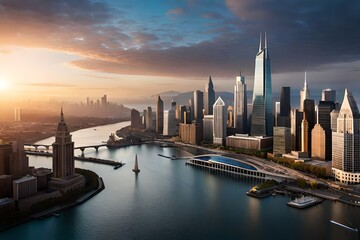 Glowing Chicago skyline against a sunset sky. Chicago's urban landscape shimmering in the fading light of sunset.