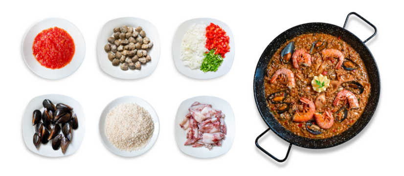 Seafood paella with ingredients isolated on transparent background - Powered by Adobe