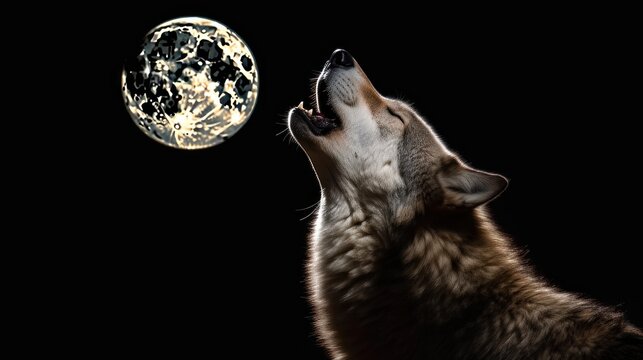Close-up of a wolf howling in front of a moon. Wildlife. Wilderness Concept.