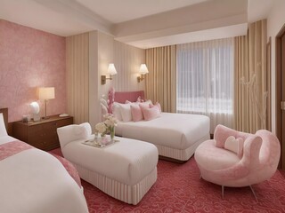 Fototapeta na wymiar Romantic Oasis Unveiled: Experience the Ultimate Honeymoon Bliss in this Dreamy Hotel Room Setup!