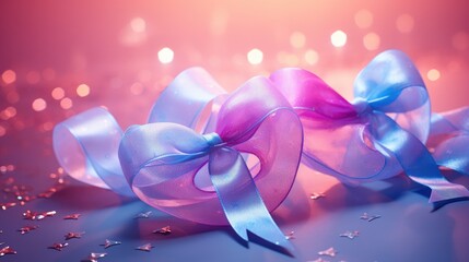  a pink and blue ribbon with a bow on a purple and pink background with confetti sprinkles.