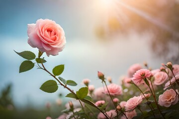 Obraz premium Tea pink rose standing in the morning under the sunshine high with its stalk in a garden full of roses seem as the rose is welcoming the sun