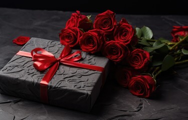  a black box with a red ribbon and a bunch of red roses on a black surface with a red bow.