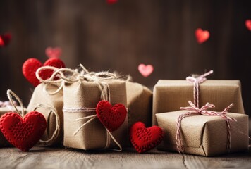  a group of wrapped presents sitting on top of a wooden table next to a bunch of red hearts on a string.