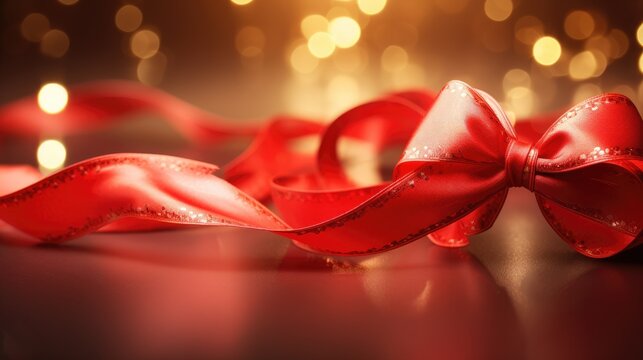  a close up of a red ribbon on a table with lights in the background and a blurry image of lights in the background.