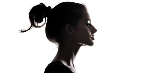  a black and white photo of a woman's profile with a ponytail in the top half of her hair.